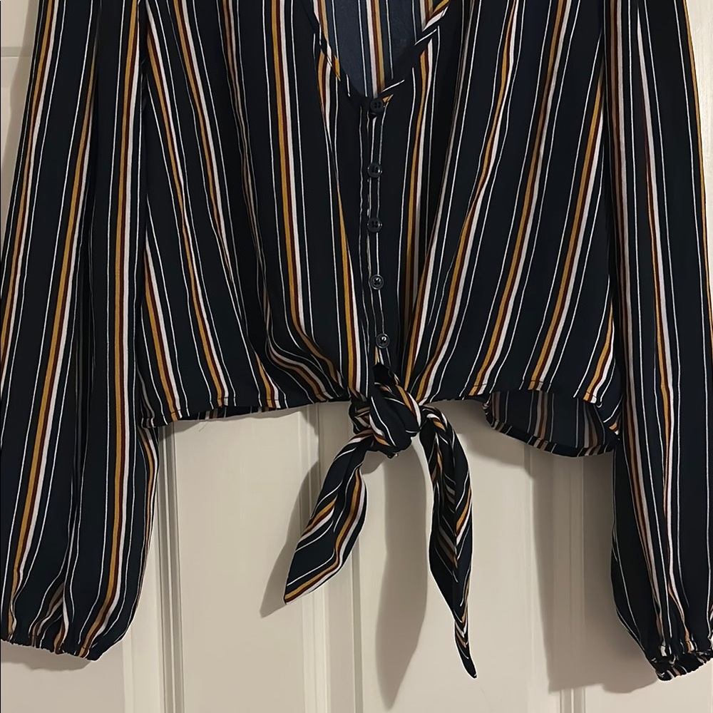 Xhilaration Navy Striped Tie-Front Blouse - Picture 2 of 4
